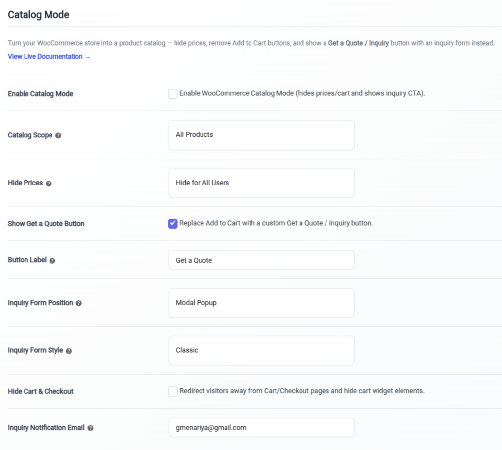Catalog Mode Admin Settings Preview