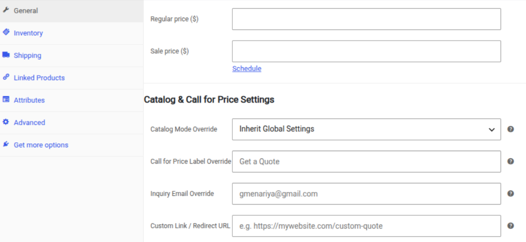Catalog Mode Single Product Override Settings Preview