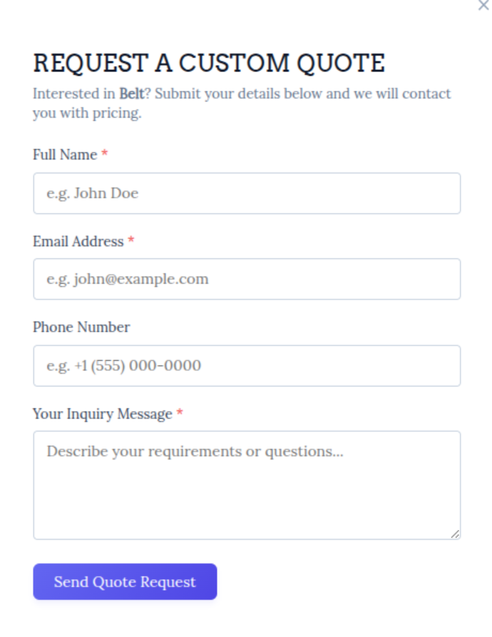 Request a Custom Quote Modal Form Preview