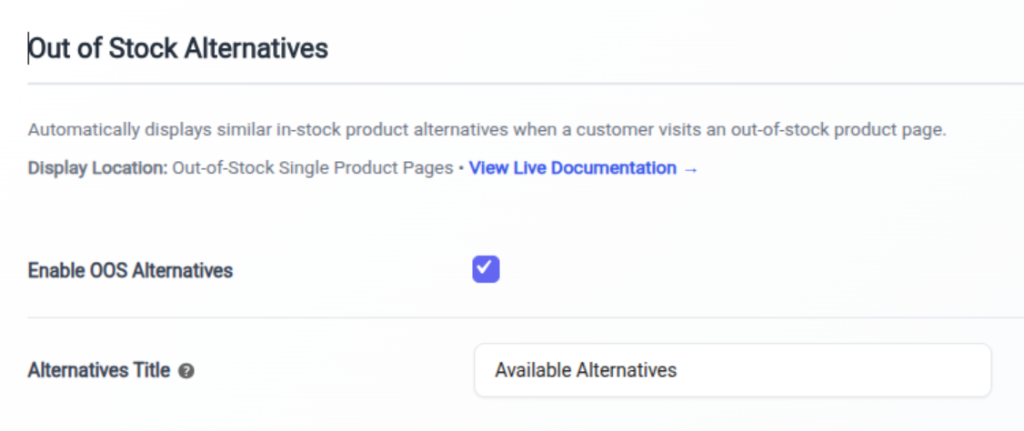Out of Stock Alternatives Admin Preview